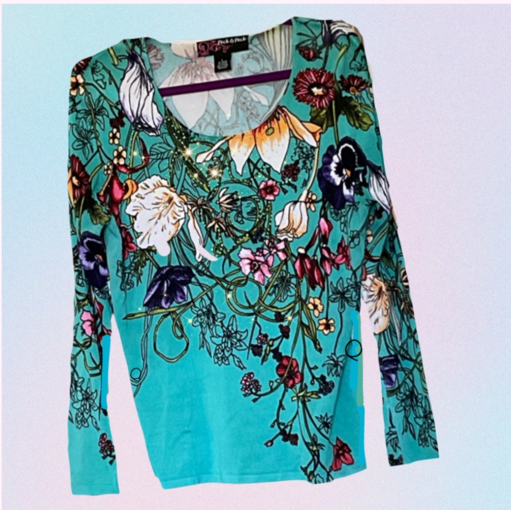 Vivid Turquoise Long Sleeve Floral Sparkling Top